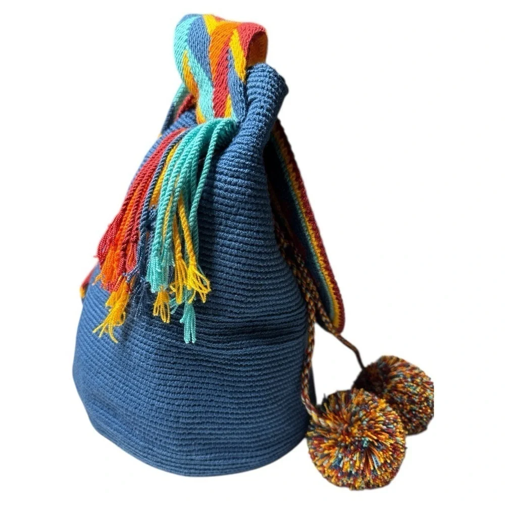 Wayuu Crystal Medallion Crochet Pom Pom Bag Flap Top